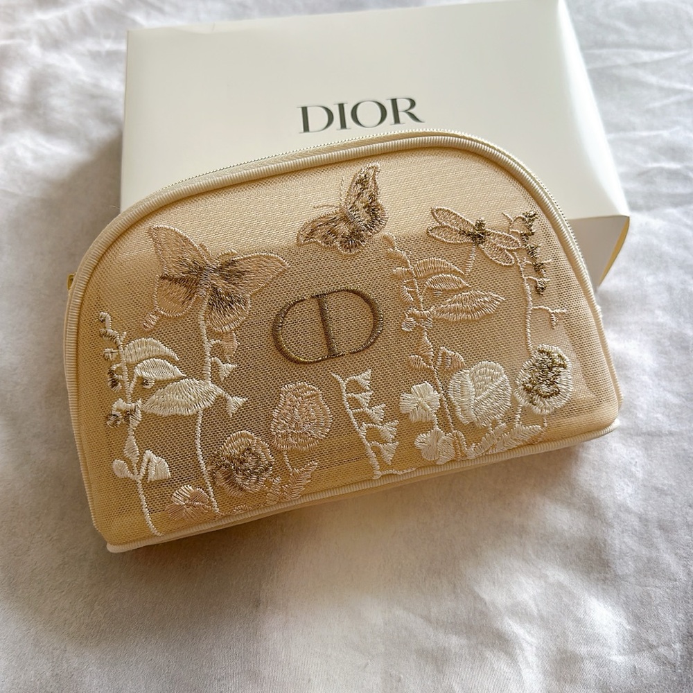 Dior | Beige Floral Embroidered Cosmetic Bag